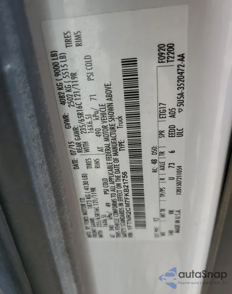 2015 Ford Transit T-250 from USA, damaged, VIN 1FTNR2CM7FKB21756